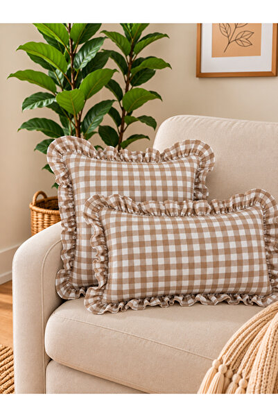Decamor home Lina Vintage Keten Pötikareli Fırfırlı Kırlent Kılıfı Bej