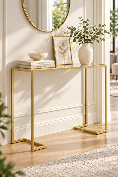 TOLIAHOME Modern Gold Renk Şeffaf Temper Camlı Petek Üstü Dresuar Metal Konsol
