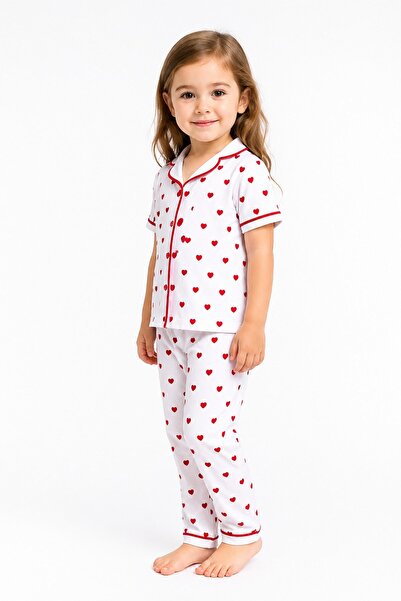 dinamik çocuk Kız Çocuk/Bebek Kırmızı Kalp Desenli Kısa Kollu Yazlık Pijama T...