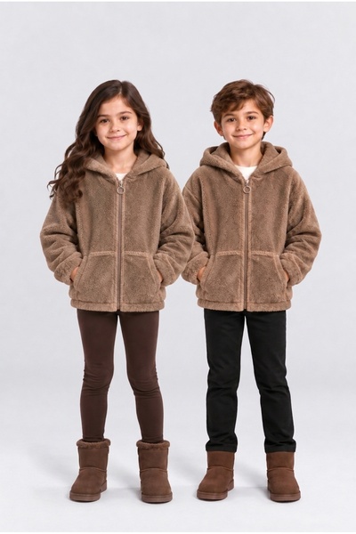 AHENGİM Unisex Çocuk Kapüşonlu Peluş Mont Fermuarlı,Cepli,Yumuşak Sıcak Tutan...