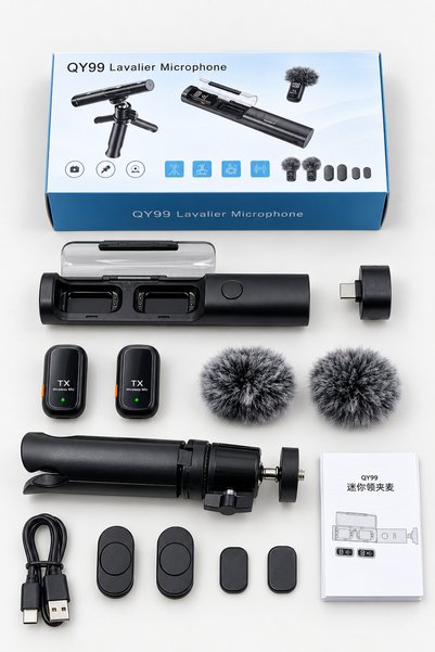 Lavalier Qy99 Dual Wireless Microphone, Usb-C, Charging Case & Tripod |   Wireless Microphone Dual Microphone