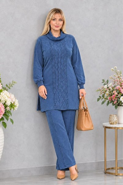 CEDY DENIM Women's Plus Size Slit Tunic and Wide Leg Pants Set C8013-Blue