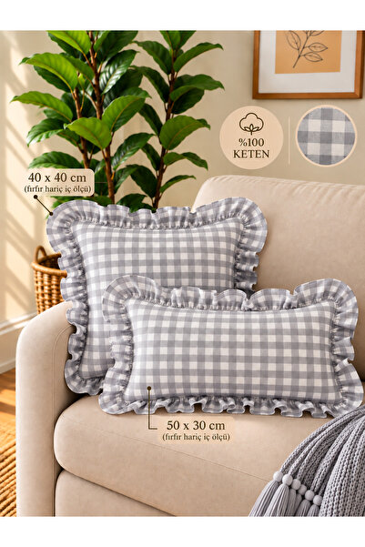 Decamor home Lina Vintage Gingham Ruffled Linen Gray Throw Pillow Cover