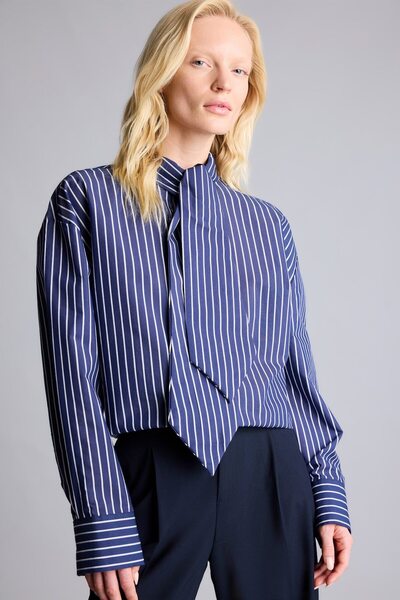 DeFacto Oversize Tie Collar Striped Poplin Long Sleeve Shirt I7958Ax26Au
