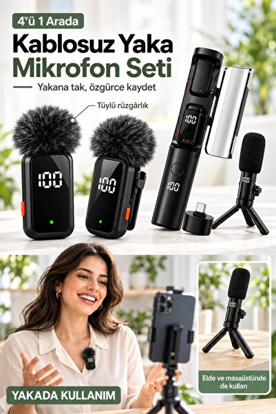 MO DOU Kablosuz Yaka Mikrofonu 4'ü 1 Arada Profesyonel Masa Mikrofonu Çift Mi...