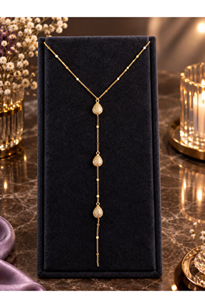 ZEYN BİJUTERİ VIP Gold Tasarım Zirkon Taşlı Üçlü Damla Figürlü Y Kolye