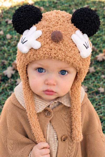 Mollycrush Baby Camel Winter Plush Hat |   Lace-Up Beret Model with Ears