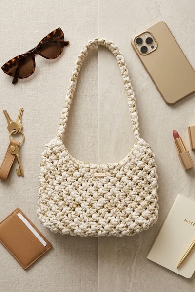 Love Macrame Ekru Gold Makrome Kadın Omuz Çantası Astarlı El Yapımı Yazlık Çanta