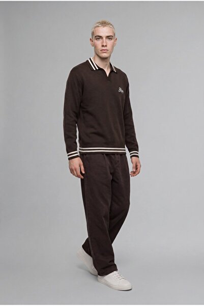 DeFacto Relaxed Fit Resort Collar Embroidered Striped Knit Sweater H7671Ax26Au