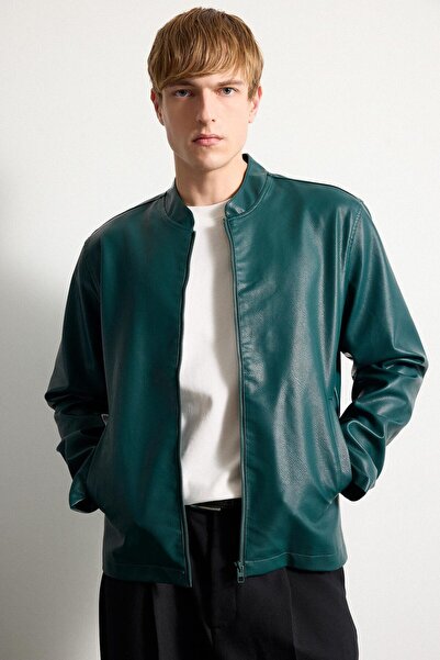 DeFacto Water Repellent Slim Fit Stand Collar Zippered Faux Leather Jacket Co...