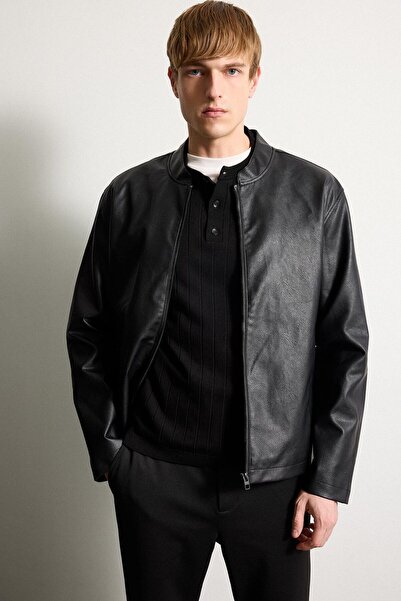 DeFacto Water Repellent Slim Fit Fitted Collar Zippered Faux Leather Coat D85...