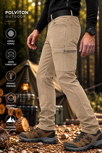 Polviton Erkek Kargo Cepli Pantolon Taktikal Slim Fit Krem 206