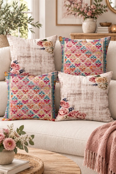 on the clouds Vintage Güller ve Etnik Kilim Desen Gizli Fermuarlı Kırlent Kıl...