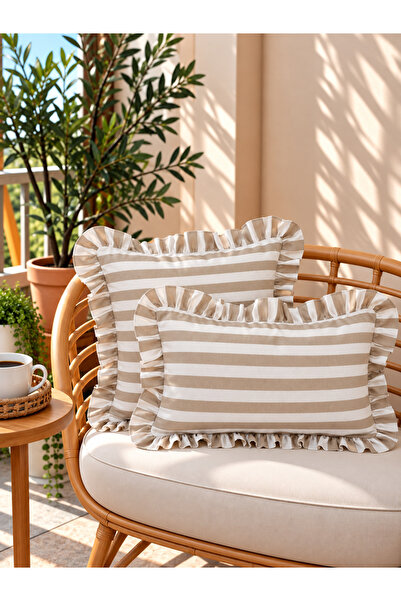 Decamor home Roza Beige Striped Ruffled Throw Pillow Cover 1 Pc