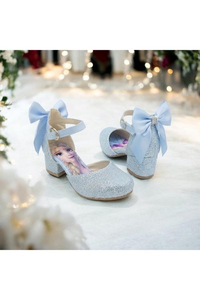 PATİK BEBE KIZ ÇOCUK ELSALI MAVİ RENK FİYONKLU RESİMLİ RAHAT KALIP ŞIK KARE TOPUKLU ABİYE AYAKKABI