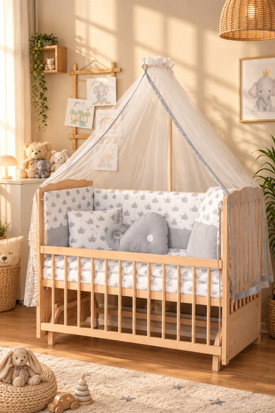 Bamgidoo Ahşap Doğal Beşik Anne Yanı Beşik Organik (BOYASIZ) 60x120 - Gri Bal...