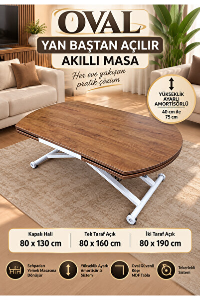 SEHPAM AKILLI Yan Baştan Açılır Yarı Oval Akıllı Yemek Masası Mdf Tabla Alt M...