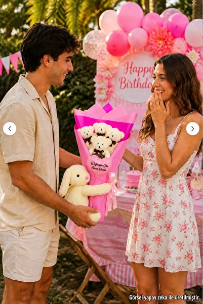 Pandamkee Sevgiliye Özel Romantik Peluş Ayıcık Buketi ve Yanında Sevimli Tavş...