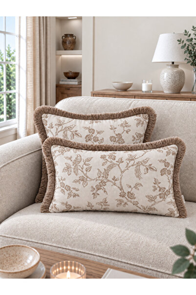 Decamor home Püsküllü Kuş Desenli Bej Kırlent Kılıfı Dokuma Kumaş 1 ADET