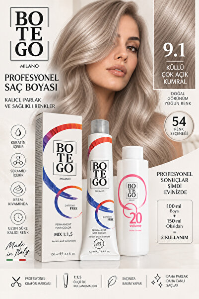botegohair 9.1 Küllü Çok Açık Kumral Profesyonel Krem Saç Boyası Seti