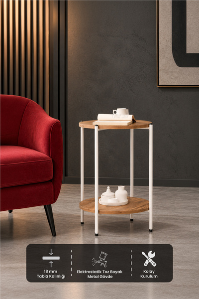 Yuvarlak Tablalı Katlı Sehpa Q42x60 Beyaz - Atlantik Çam