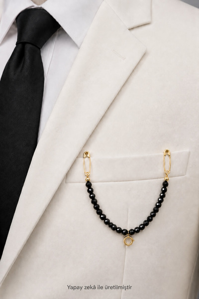 QELA COLLECTION 1 Çeyreklik Kilitli Damat Yaka İğnesi 6 mm Kristal Boncuklu B...