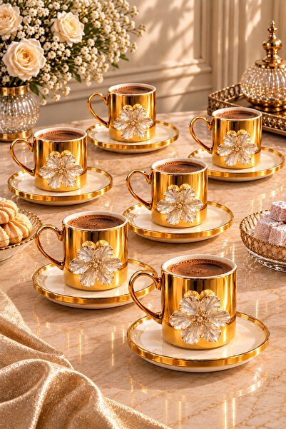 YzHome 6 Kişilik Porselen Gold Platin Kaplama Lotus Çiçekli Kahve Fincan Takı...