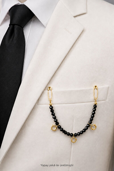 QELA COLLECTION 3 Çeyreklik Kilitli Damat Yaka İğnesi 6 mm Kristal Boncuklu B...