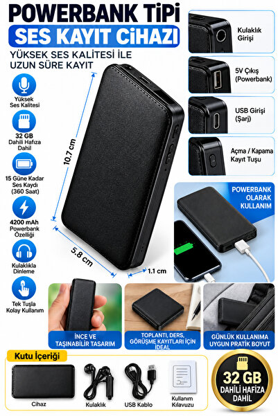 SICAK TAKİP Profesyonel Ses Sensörlü Powerbank Ses Kayıt Cihazı