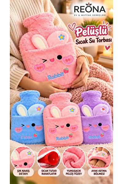 Reona Peluş Kılıflı Tavşan Figürlü Sıcak Su Torbası 2 Litre | Rabbit Cepli El...