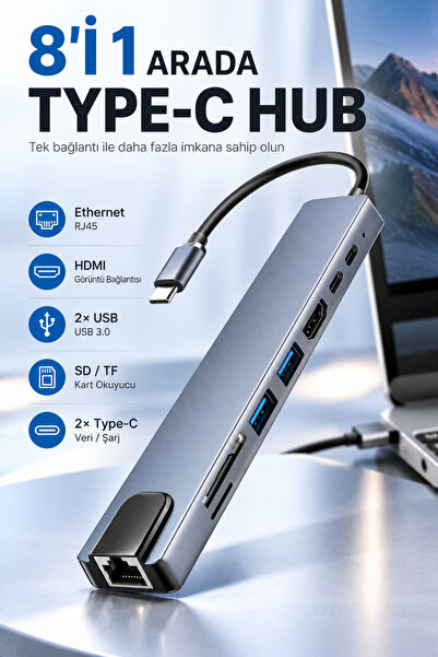MATECHNO 8 in 1 Type-C Çıkışlı Çoklu Çevirici Adaptör Ethernet HDMI USB Çokla...