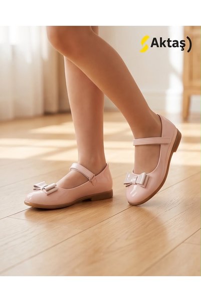 AKTAŞ ORTOPEDİ Girl's Bow Tie Powder Patent Leather Orthopedic Ballerina Shoes