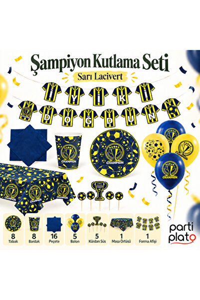 Kikajoy Sarı Lacivert Doğum Günü Süsleme Seti 8 Kişilik Tabak Bardak Peçete B...