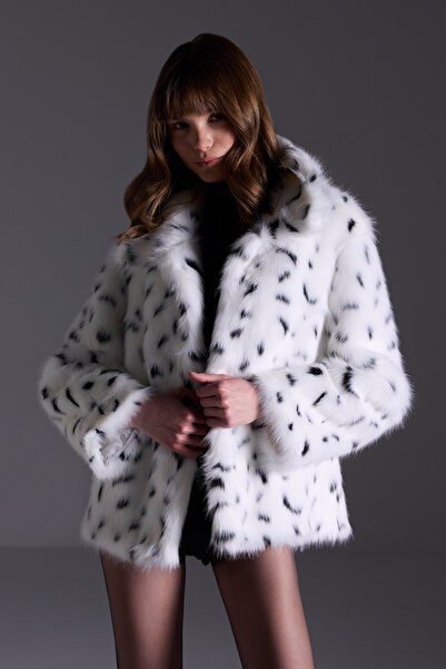 Açelya Okcu Premium Leopar Desen Bebe Yaka Suni Kürk Kadın Mont