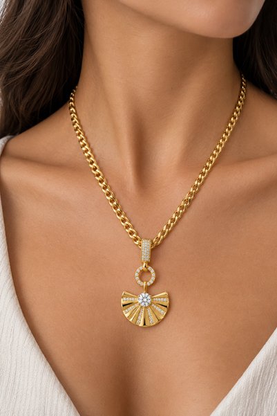 Aleda Steel Gold Stone Fan Necklace