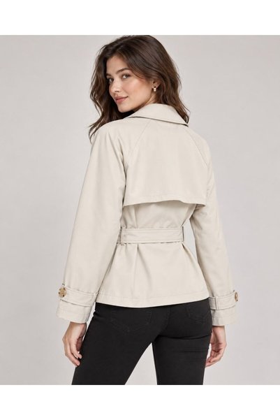 VESS MODA Women's Belted and Draped Double-Breasted Collared Short Trench Coat