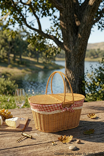 İSKA HEDİYELİK Rattan Görünümlü Vintage Piknik Sepeti - Yıkanabilir İç Astarl...