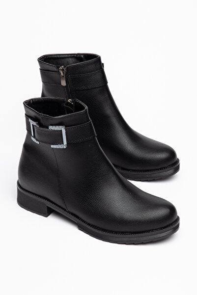 Hale Shoes Siyah Cilt Kadın Tokalı Fermuarlı Rahat Kışlık Bot Kaymaz Taban H012