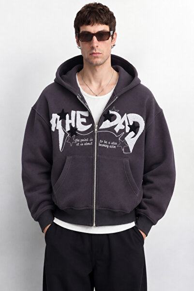 TWILIT Süzene Nakışlı Oversize Fermuarlı Hoodie Hırka Zip Sweatshirt - Füme