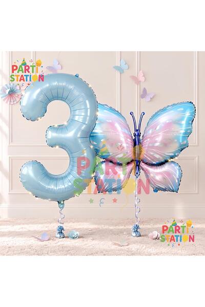 Parti Station Pink Blue Butterfly and Blue Number Balloon 3 Years Old Balloon...