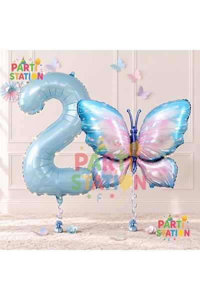 Parti Station Pink Blue Butterfly and Blue Number Balloon 2 Years Old Balloon...