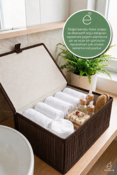 EVONİTA Bamboo Look Storage Box with Lid Large Size Organizer Basket Bathroom...