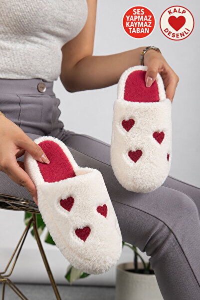 AlbiShoes Unisex Kadın Kalp Desenli Pofuduk Çeyiz Bohça Ev Terliği Ses Yapmaz...