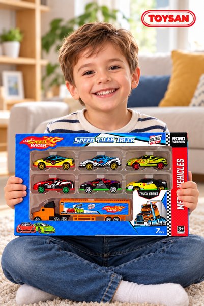 Toysan Metal Orange Truck 3-Piece Mini Car Set – 1 Truck + 3 Metal Cars (1/64 Scale)