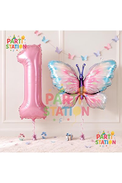 Parti Station Pink Butterfly and Pink Number Balloon 1 Year Old Balloon Set B...