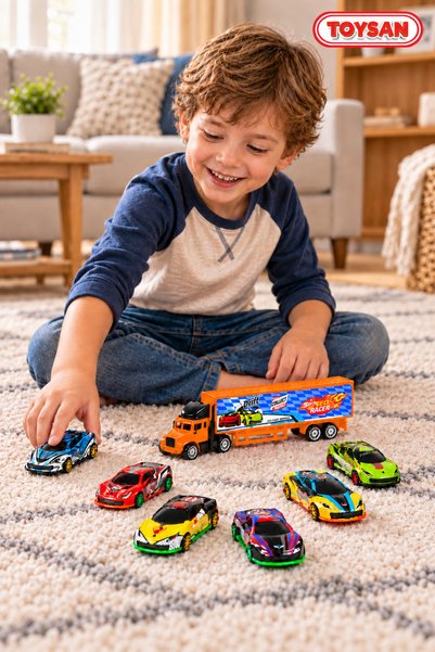 Toysan Metal Orange Truck 3-Piece Mini Car Set – 1 Truck + 3 Metal Cars (1/64 Scale)