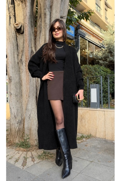 Vaveyla Kadın Siyah Yumuşak Dokulu Şal Yaka Sakal Hırka | Oversize & Rahat Model