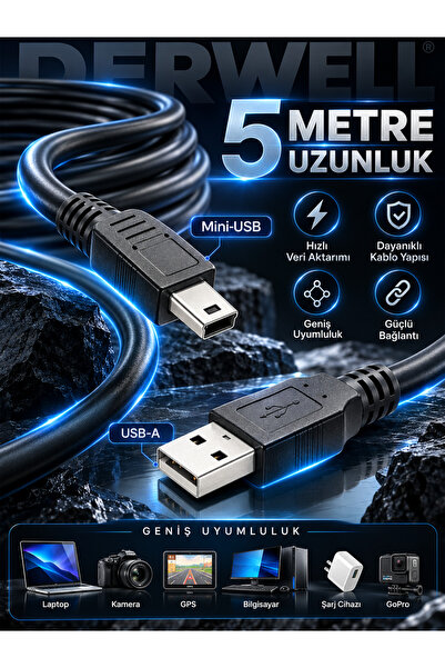 Derwell 5 Metre Mini Usb 5Pin Hızlı Veri Şarj Aleti Kablosu PS3 MP3 MP4 Çalar...