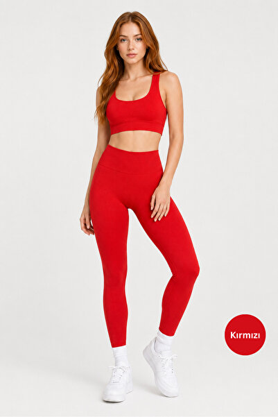 Formactive Red U Neck Bustier Push up Seamless Leggings Set 1920-1950