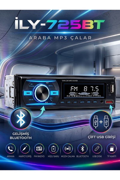 İLHAY İLY-725BT Çift Amfi Çıkışlı Çift Usb 4x60Watt Oto Teyp Rgb Işıklı Bluet...